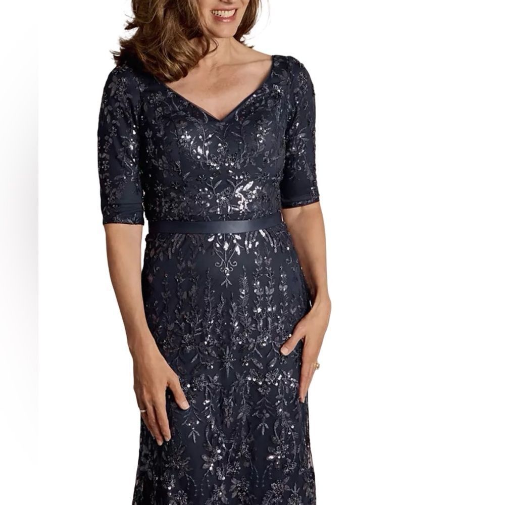 OLEG CASSINI Blue Beaded Sequin Lace Formal Dress Size 12 New With Tags